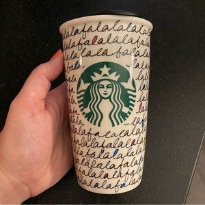 Starbucks Holiday 2011 travel mug porcelain with plastic lid festive